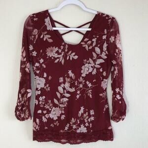 No Boundaries Juniors Size Medium 7-9 Red Mesh Lace Blouse Floral Ruched Sleeves